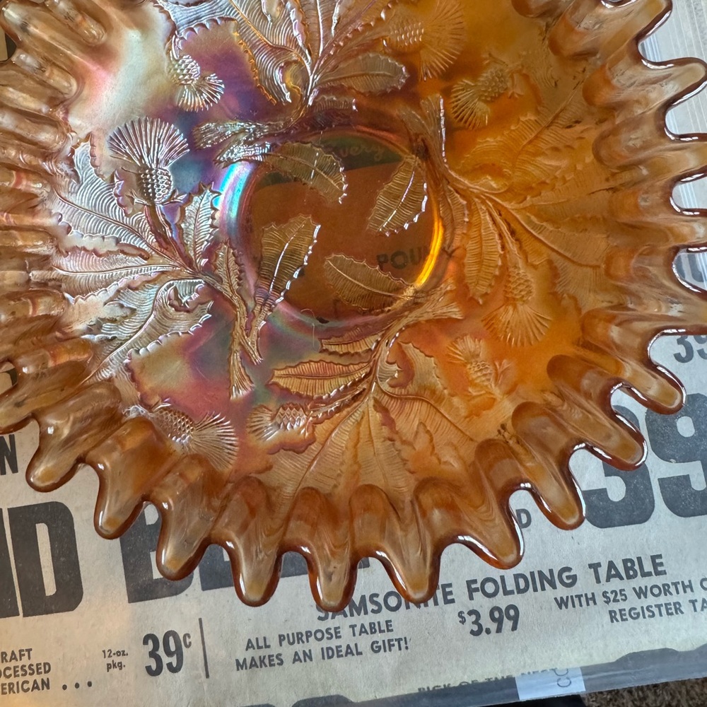 Marigolds ribbons like new glass dish